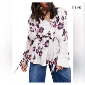 Free People Ivory Floral Wrap Blouse  Tuscan Dreams Womens XS Boho Peplum Top